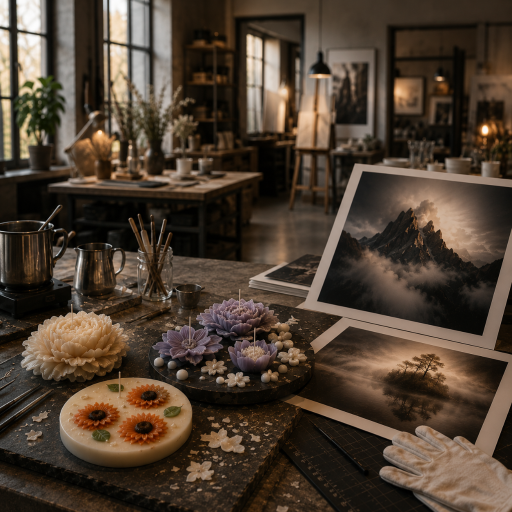 A styled tabletop display in a warm, rustic art studio featuring framed landscape prints of misty mountains and trees, alongside candles, succulents, a small floral soap dish, and a white glove on a dark work surface.