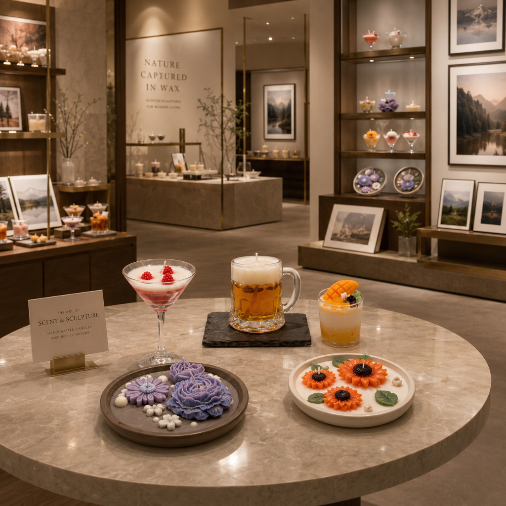 A round marble table in a luxury retail space displays artisanal wax flowers in purple and orange, a glass of beer, and a dessert with raspberries. Background shelves display wax melts and framed art under warm lighting.