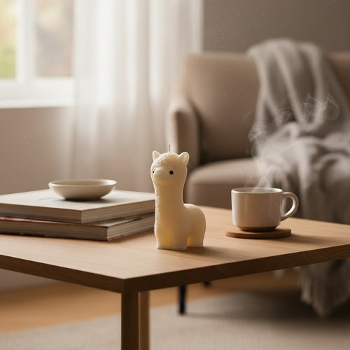 Pepper & White Alpine Alpaca shaped cream wax candle on a wooden coffee table with a steaming mug.
