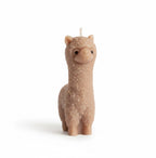 Pepper & White Alpine Alpaca shaped candle in a textured light brown wax finish on a white background.