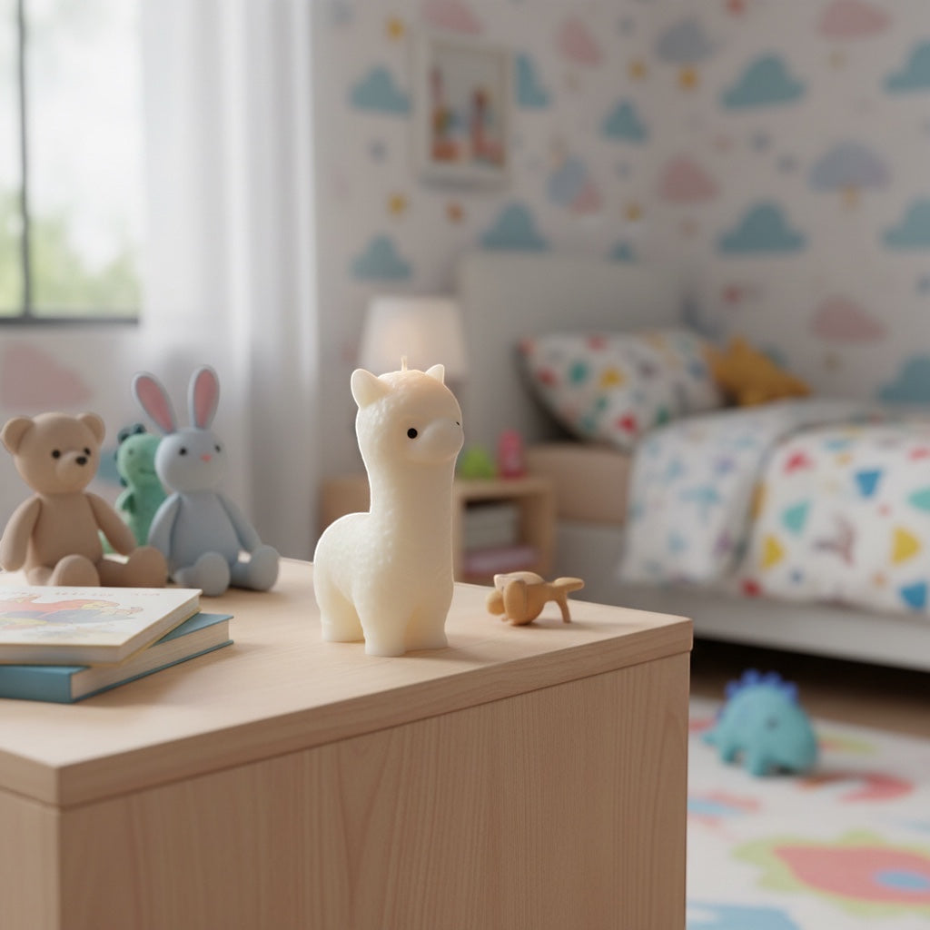 Pepper & White Alpine Alpaca shaped cream wax candle standing on a wooden nursery table with plush toys in background