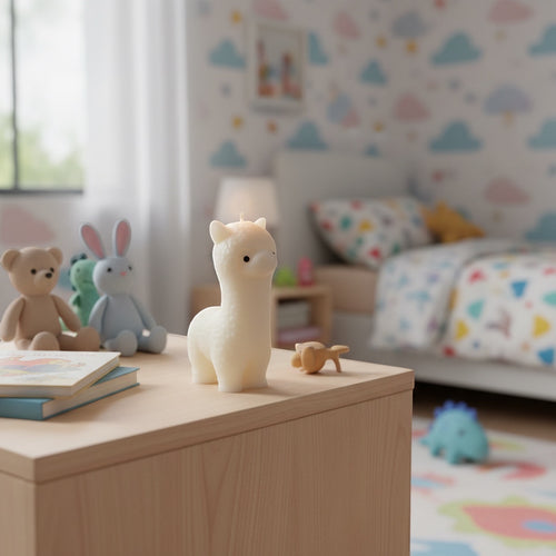 Pepper & White Alpine Alpaca shaped cream wax candle standing on a wooden nursery table with plush toys in background