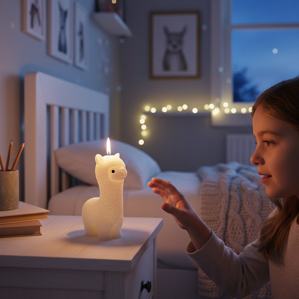 Pepper & White Alpine Alpaca shaped candle glowing on a bedside table next to a young girl in a cozy bedroom