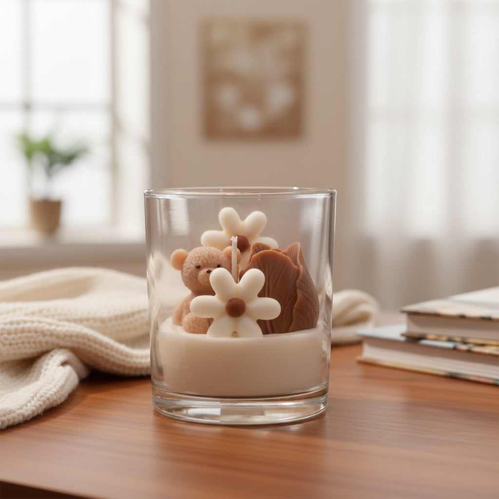 Pepper & White Bear Hugs candle in a glass jar featuring decorative wax teddy bear and flower shapes, 390g size.