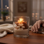 Pepper & White Bear Hugs Freesia scented candle in a glass jar with decorative bear and flower wax shapes