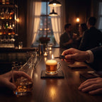 Pepper & White Happy Hour Mini beer mug candle being lit with a lighter on a dark wooden bar counter