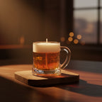Pepper & White Happy Hour Mini candle in a dimpled glass beer mug with realistic golden ale and frothy foam top.