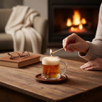 Pepper & White Happy Hour Mini beer mug candle with frothy top being lit by a match on a rustic wooden table