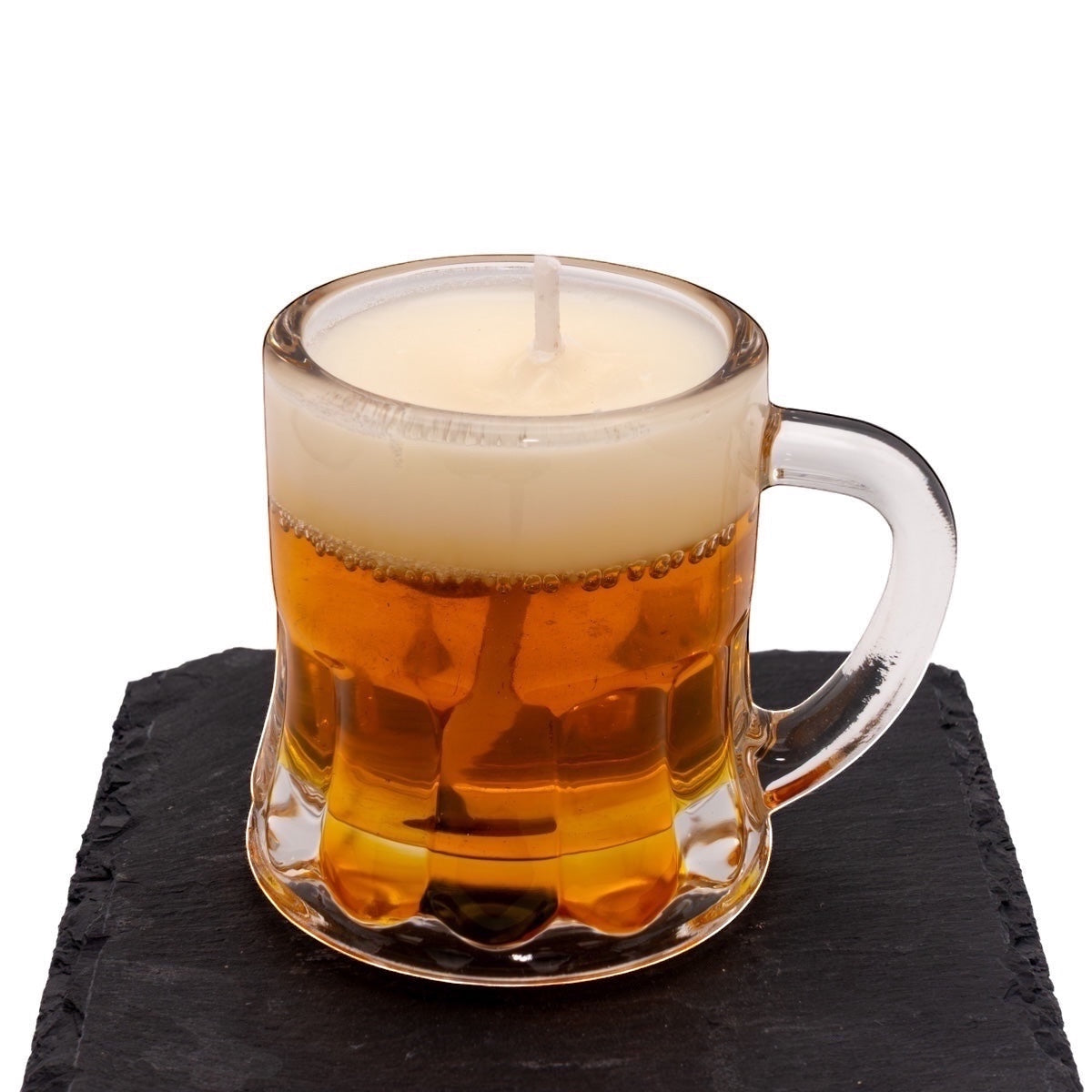 Pepper & White Happy Hour Mini candle shaped like a beer stein with golden wax and a realistic frothy white top.