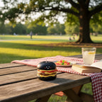 Pepper & White Happy Meal Freesia scented candle shaped like a cute black burger on a picnic table in a park