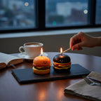 Pepper & White Happy Meal Freesia candles shaped like mini burgers in orange and black on a slate serving board