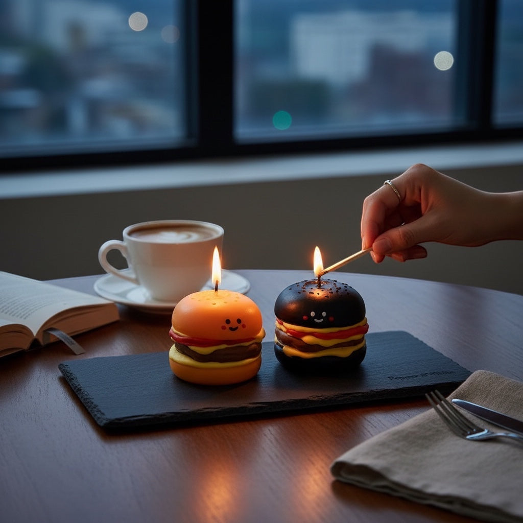 Pepper & White Happy Meal Freesia candles shaped like mini burgers in orange and black on a slate serving board