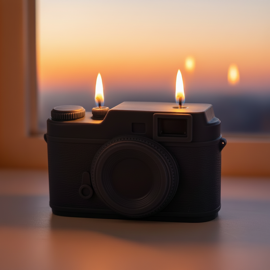 Pepper & White charcoal vintage camera shaped wax candle with two lit wicks on a windowsill at sunset