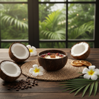Pepper & White Coconut Grove candle in a coconut shell with dried flowers and wooden wick on a woven mat
