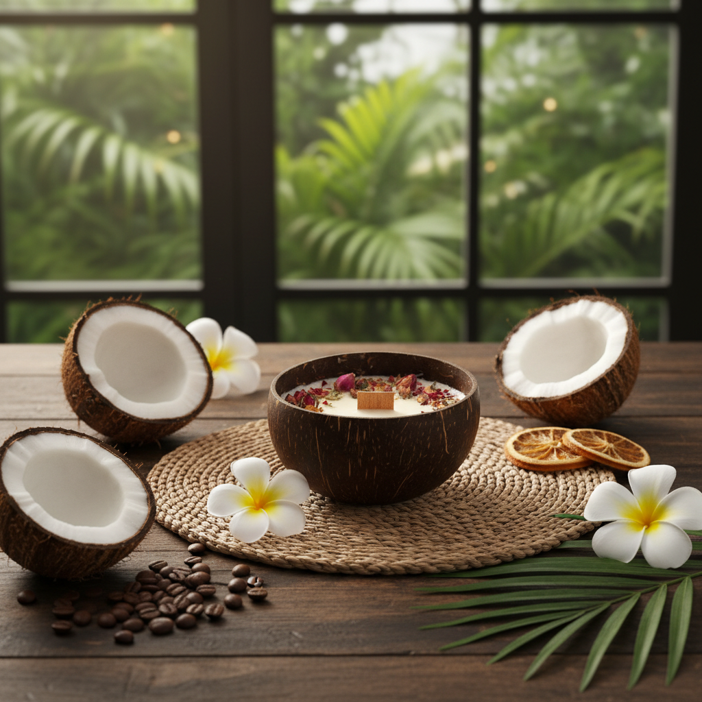 Pepper & White Coconut Grove candle in a coconut shell with dried flowers and wooden wick on a woven mat