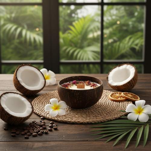 Pepper & White Coconut Grove candle in a coconut shell with dried flowers and wooden wick on a woven mat