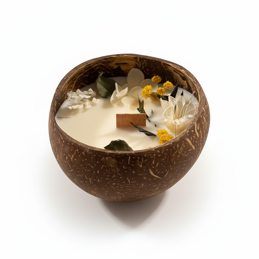 Pepper & White Coconut Grove candle in a natural coconut shell with a wooden wick and dried floral decorations
