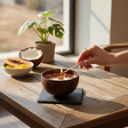 Pepper & White Coconut Grove candle in a natural coconut shell bowl being lit on a wooden table with tropical fruit