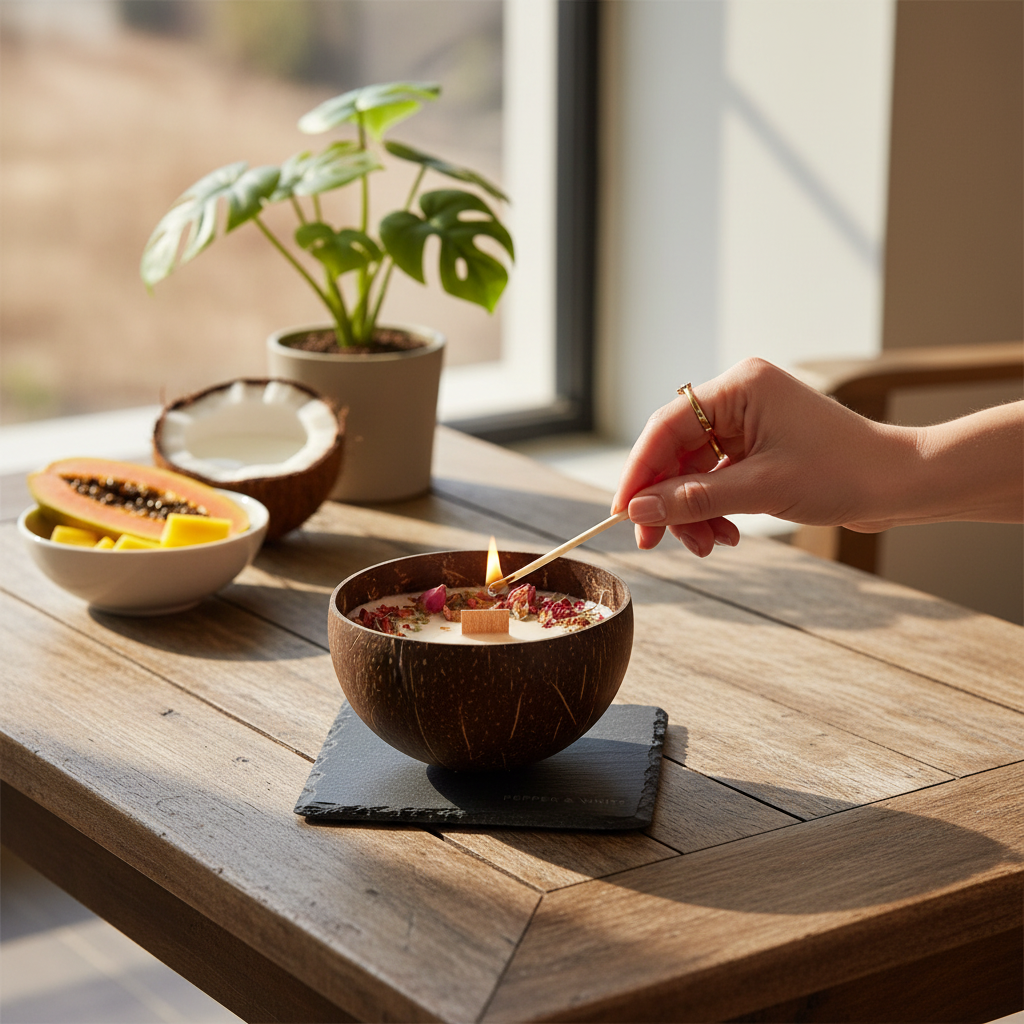 Pepper & White Coconut Grove candle in a natural coconut shell bowl being lit on a wooden table with tropical fruit
