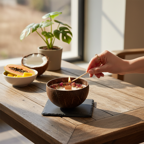 Pepper & White Coconut Grove candle in a natural coconut shell bowl being lit on a wooden table with tropical fruit