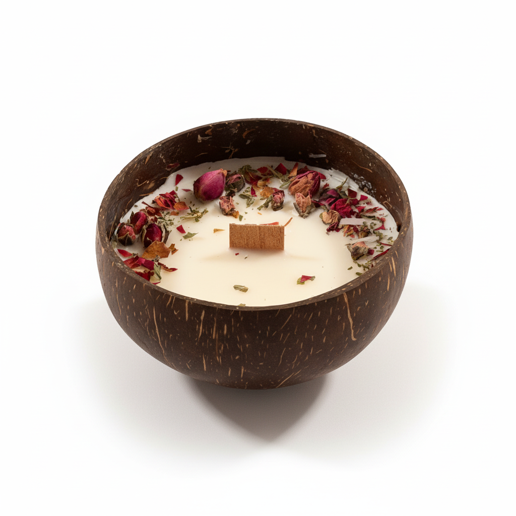 Pepper & White Coconut Grove candle in a natural coconut shell with dried rose petals and a wooden wick