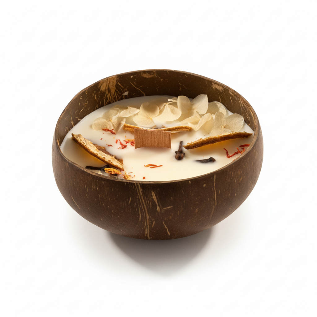 Pepper & White Coconut Grove candle in a natural coconut shell bowl with dried flower petals and a wooden wick