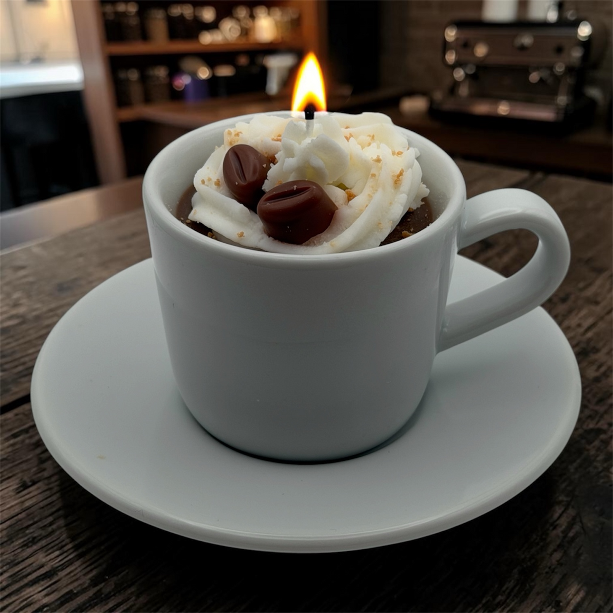 Pepper & White Coffee Break candle in a white ceramic cup with whipped wax cream and coffee bean topping, lit.