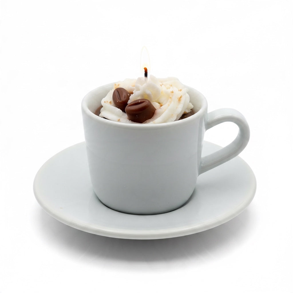 Pepper & White Coffee Break candle in a white ceramic cup with wax whipped cream and coffee bean toppings