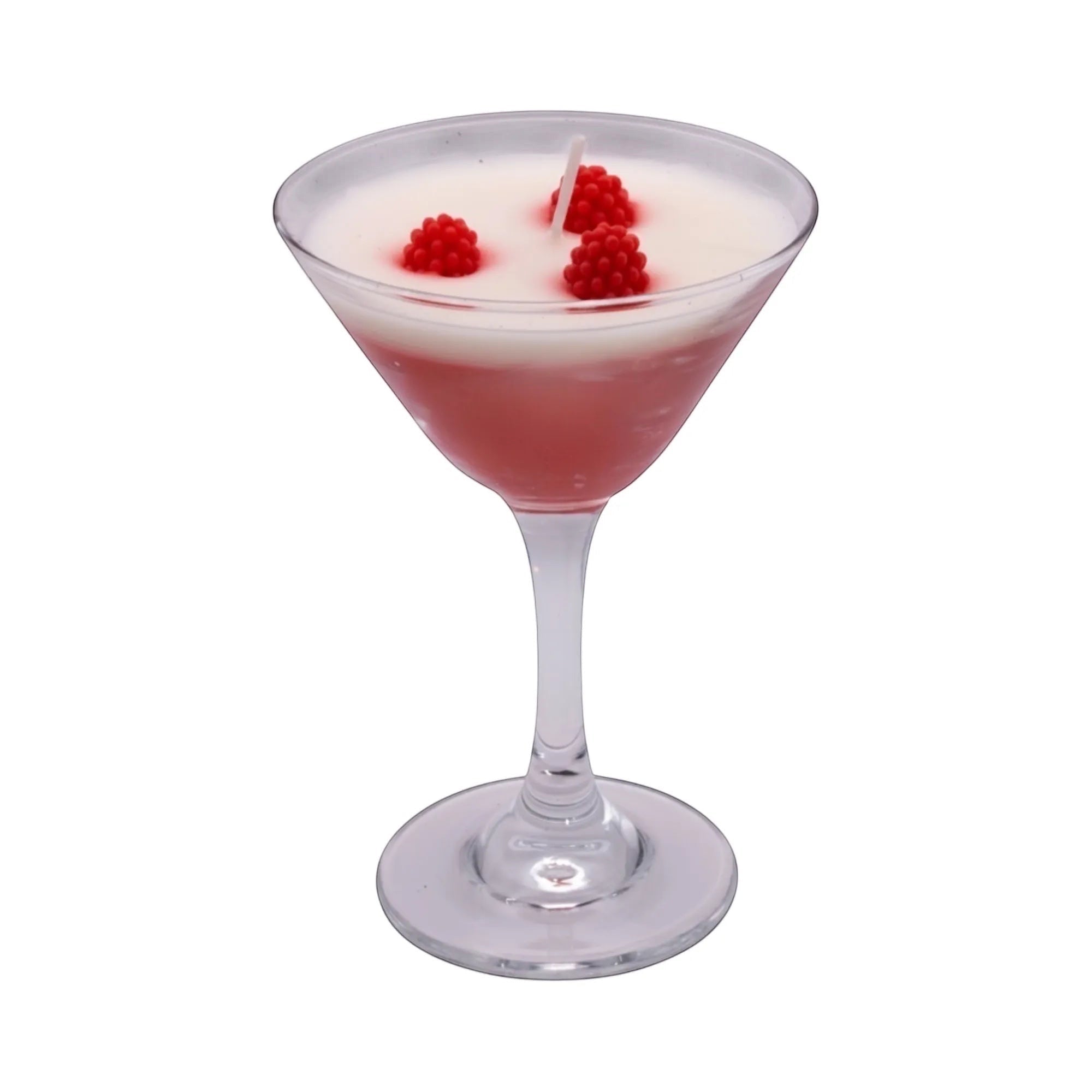 Pepper & White Scarlet Sip cranberry cocktail candle in a martini glass with red berry wax decorations