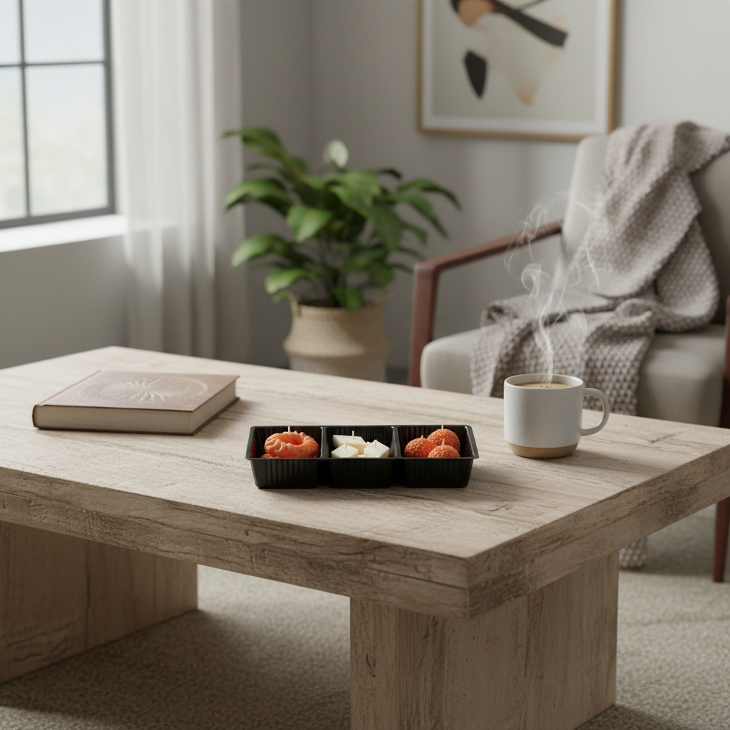 Pepper & White decorative wax candle set in assorted shapes and colors displayed on a wooden coffee table