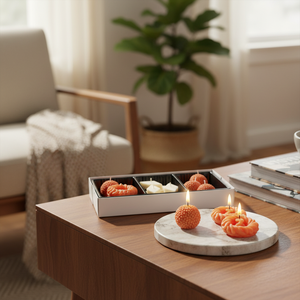 Pepper & White decorative wax candle set in orange and white shapes on a marble tray, displayed on a wooden table.