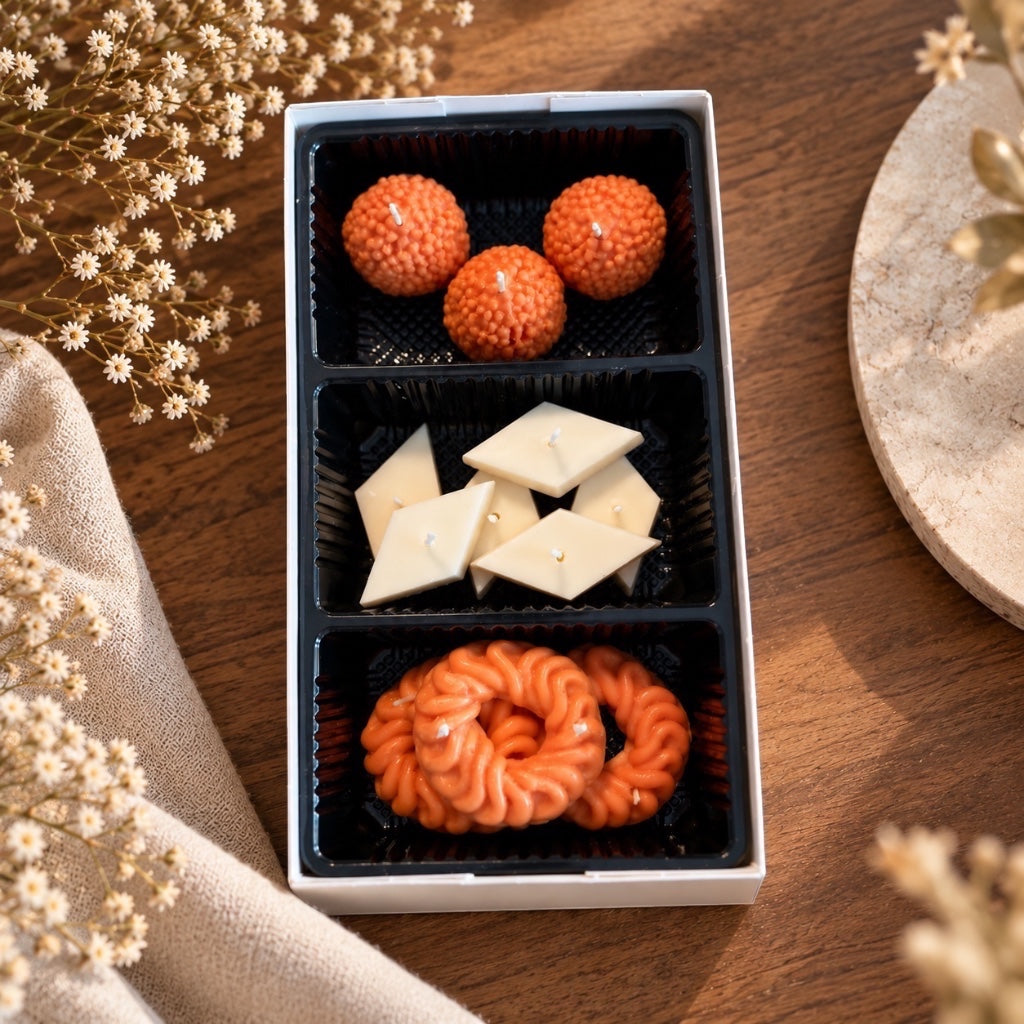 Pepper & White decorative wax candle set featuring orange textured spheres, white diamonds, and orange twisted rings.