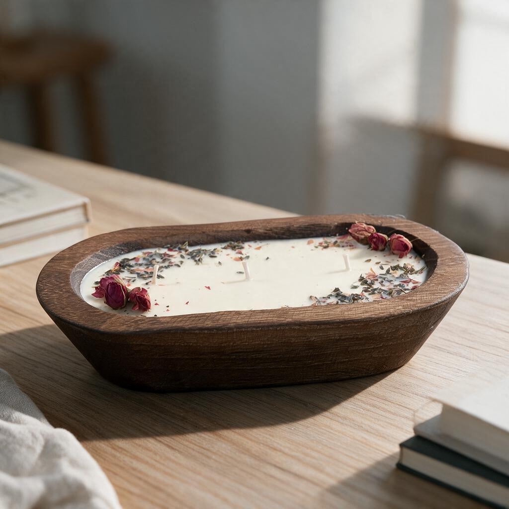 Pepper & White Fireside soy wax candle in a rustic oval wooden dough bowl topped with dried rose petals and herbs.