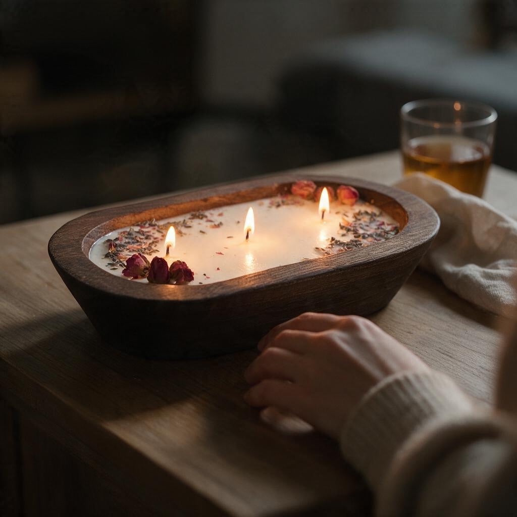 Pepper & White Fireside soy wax candle in a rustic wooden dough bowl with dried flower petals and three lit wicks