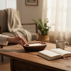 Pepper & White Fireside soy wax candle in a rustic wooden bowl with dried floral accents on a cozy living room table