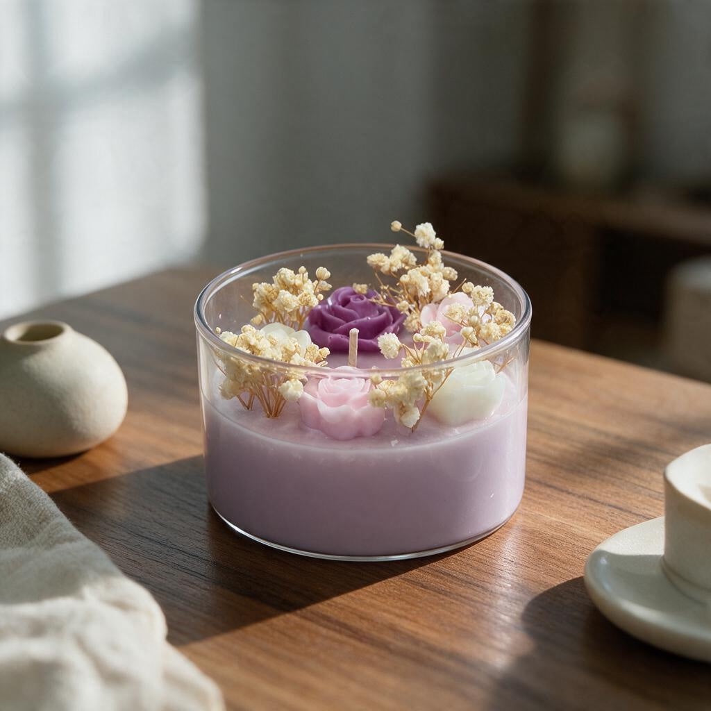 Pepper & White scented candle in a glass jar with purple wax, floral rose details, and dried baby's breath accents.