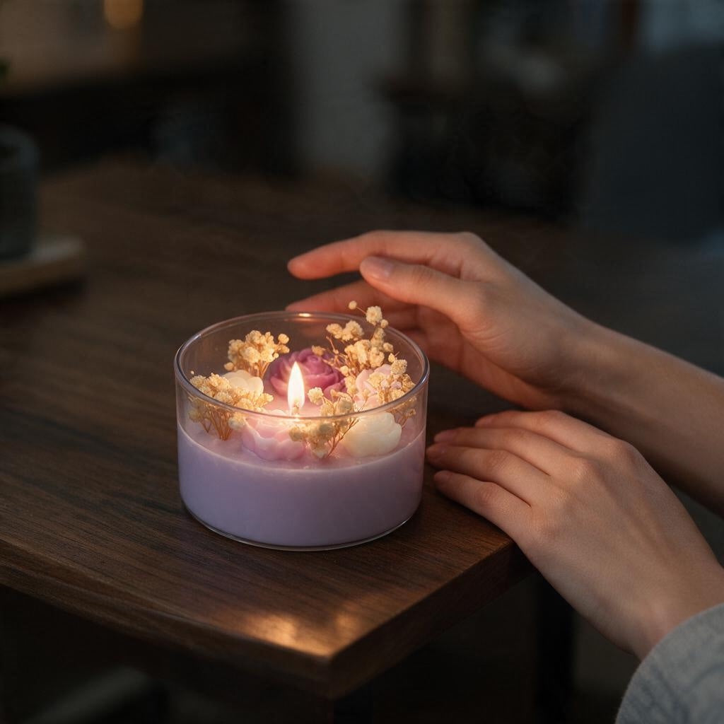 Pepper & White floral scented candle in a glass jar with wax roses and dried baby's breath on a wooden table.