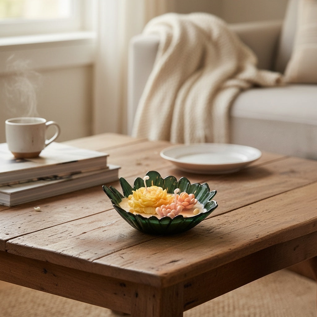 Pepper & White floral soy wax candle in a forest green scalloped glass bowl with yellow and pink wax flower accents.