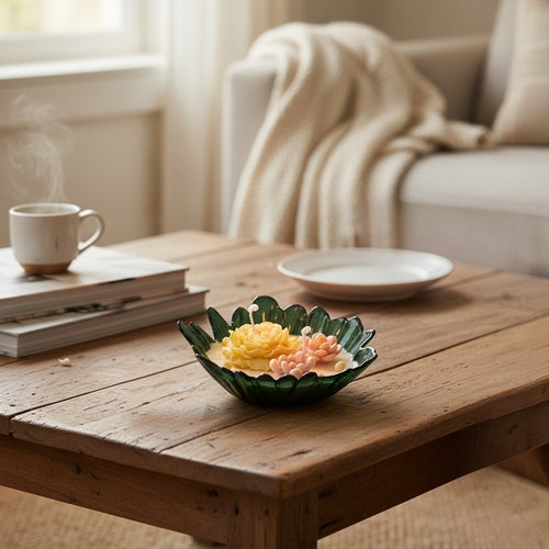 Pepper & White floral soy wax candle in a forest green scalloped glass bowl with yellow and pink wax flower accents.