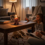 Pepper & White Cosy Paws Freesia candle shaped like a puppy, glowing on a wooden table in a cozy living room.