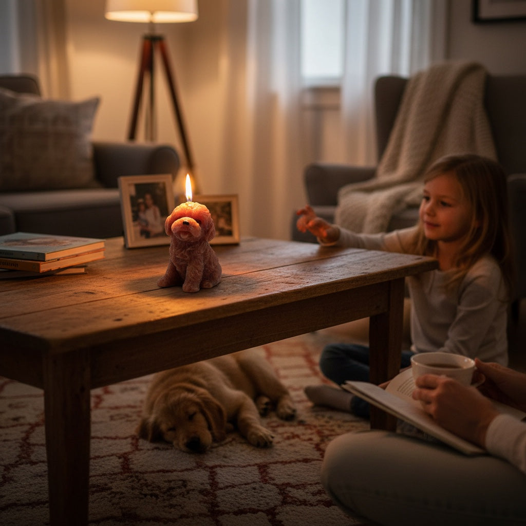 Pepper & White Cosy Paws Freesia candle shaped like a puppy, glowing on a wooden table in a cozy living room.