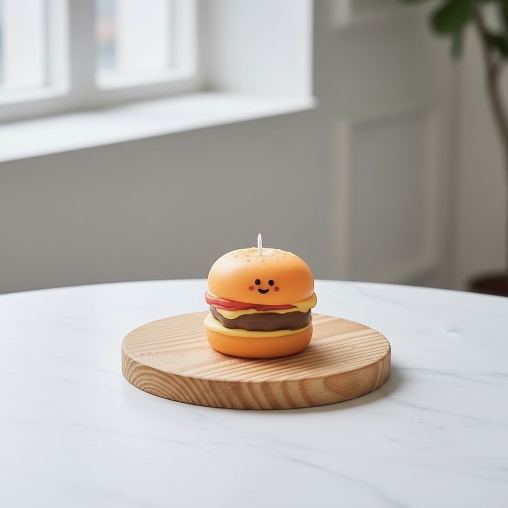 Pepper & White Happy Meal Freesia scented candle shaped like a cute smiling hamburger on a round wooden base.