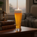 Pepper & White Happy Hour Fressia candle shaped like a glass of beer with a white foam top on a wooden table.