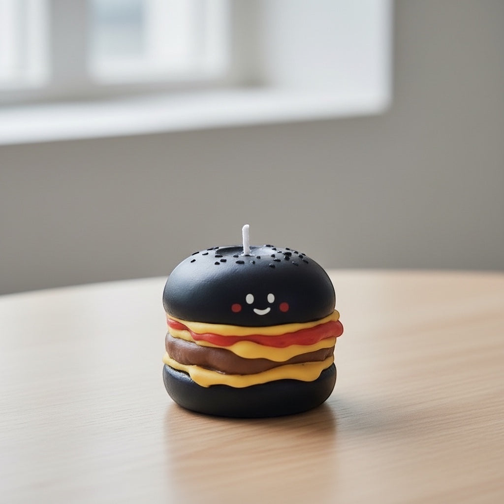 Pepper & White Happy Meal Freesia scented candle shaped like a cute black burger with a smiling face on a wooden table