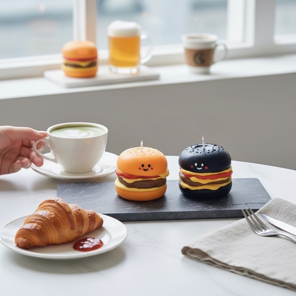 Pepper & White Happy Meal Freesia candles shaped like smiling cheeseburgers on a slate board with a croissant and tea.