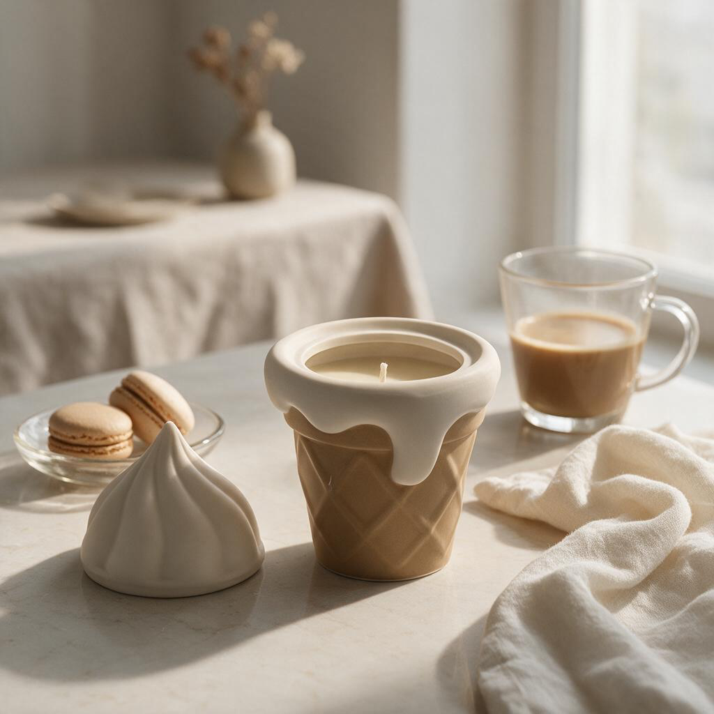 Pepper & White ice cream cone candle with a waffle-textured ceramic base and removable soft-serve swirl lid.