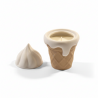 Pepper & White ice cream cone candle with a waffle-textured ceramic base and a removable soft-serve swirl lid.