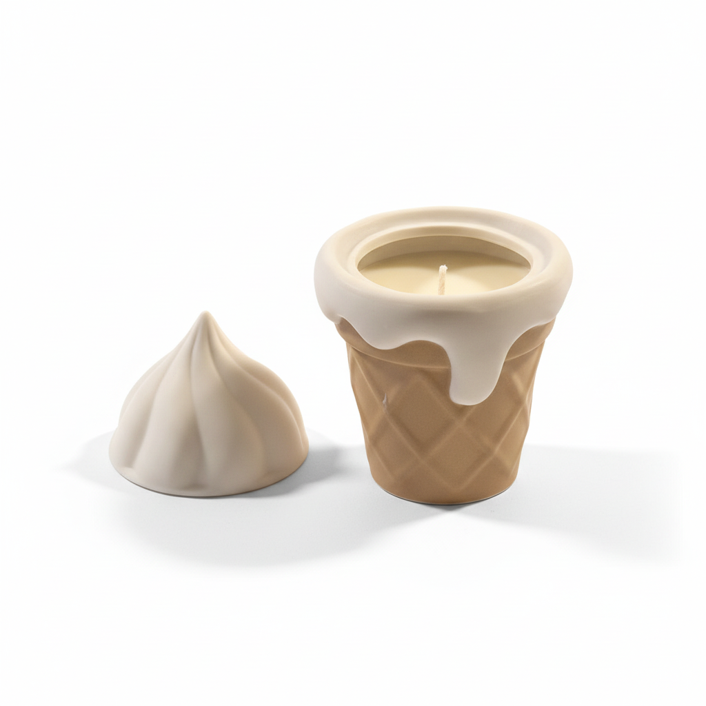 Pepper & White ice cream cone candle with a waffle-textured ceramic base and a removable soft-serve swirl lid.