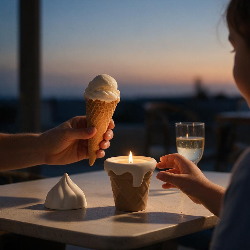 Pepper & White ice cream cone candle with dripping glaze on a table next to a real ice cream cone at sunset
