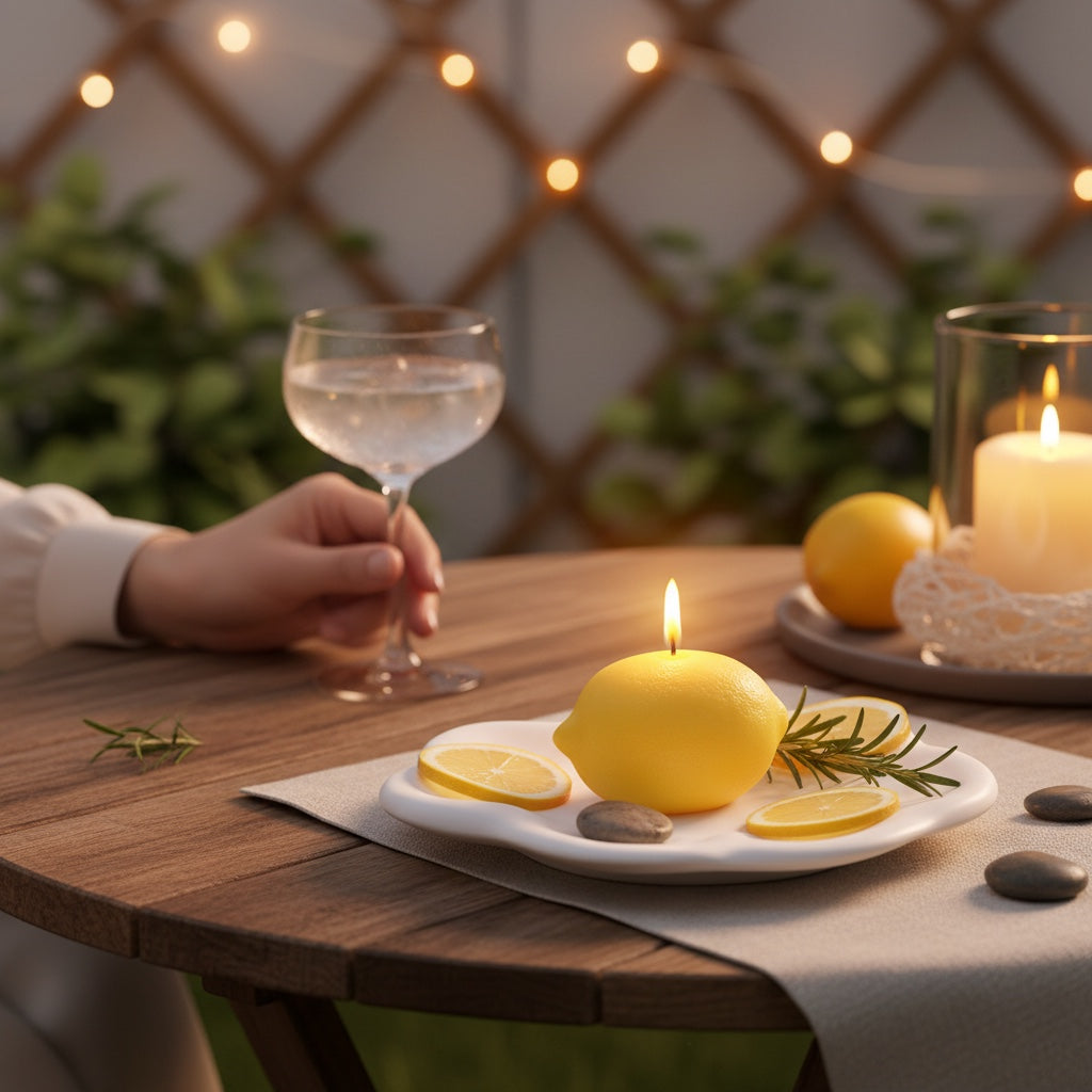 Pepper & White lemon-shaped candle on a white plate with lemon slices and rosemary on an outdoor wooden table.